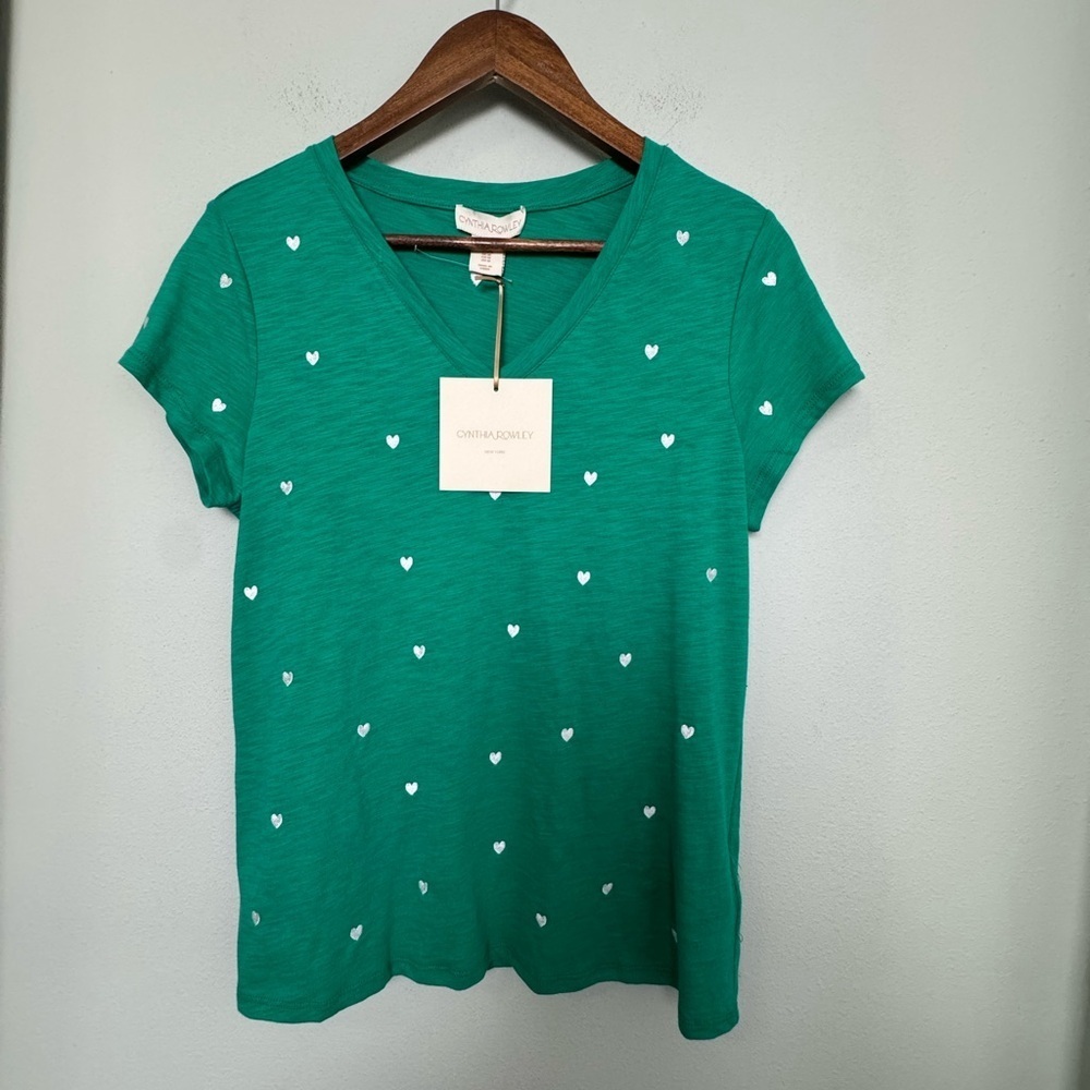 NWT Cynthia Rowley Green Blouse Top White Embroidered Heart Novelty Print Size M